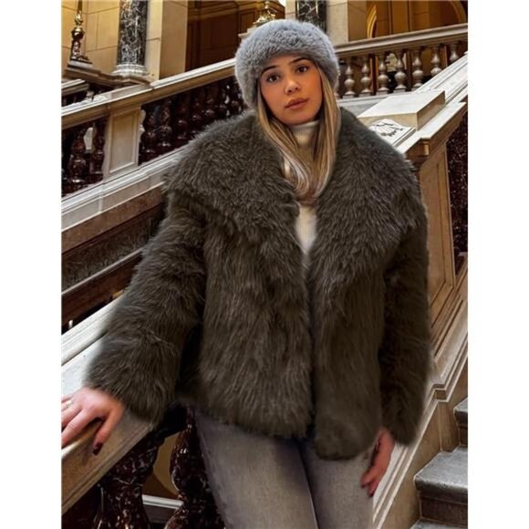 Womens Faux Fur Coat Lapel Open Front Fluffy Shaggy Jacket Darkbrown - Picture 6 of 6